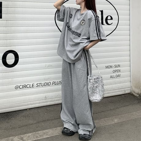 セットアップ サイドライン Tシャツ ワイドパンツ 半袖 ロゴ トップス スポーツミックス 上下セット レトロ 韓国ファッション レディース 大人可愛い ガーリー DTC-786931285601