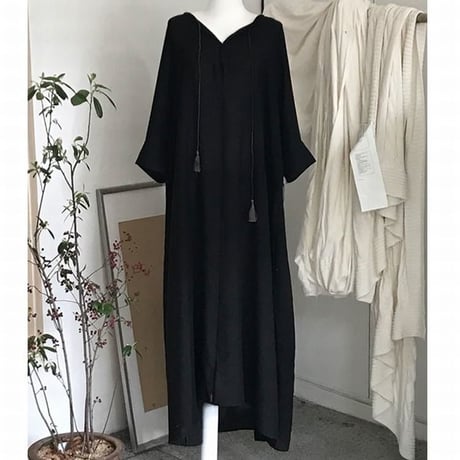 レディース Vネック ロングワンピース ブラック  シフォンマキシ丈 シンプル ゆったり マタニティー 韓国ファッション (DCT-588754300745)