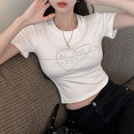 Tシャツ ラインストーン ハート ロゴ コンパクトTシャツ クロップド丈 ショート丈 トップス スリムフィット 半袖 レトロ 大人可愛い ガーリー カジュアル DTCA-820673482384