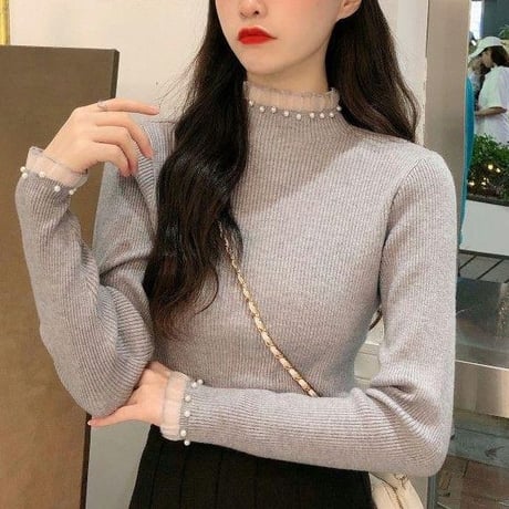 ニット パール レース フリル トップス リブニット スリムフィット ハーフハイネック タイト 長袖 レトロ 韓国ファッション レディース 大人可愛い ガーリー DTCA-774484225398