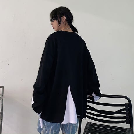 ユニセックス 長袖 Tシャツ メンズ レディース レイヤード風 裾ダメージ加工 ラウンドネック オーバーサイズ 大きいサイズ ストリート TBN-625479955275