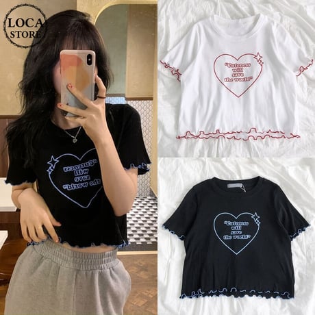 クロップド丈 Tシャツ 半袖 ラウンドネック 夏 配色 韓国ファッション レディース ショート丈 トップス へそ出し カットソー 大人可愛い ガーリー フェミニン DTC-643699777293
