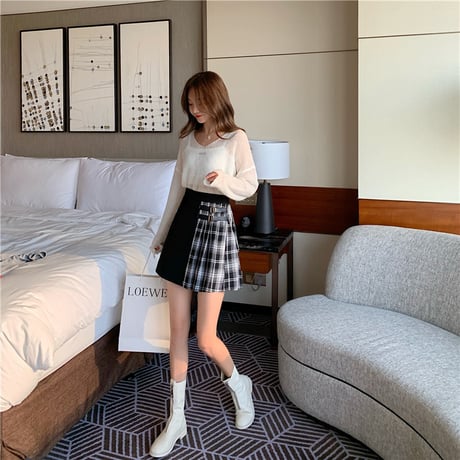 スカート バイカラー ミニ丈 韓国ファッション レディース ブラック ブルー チェック柄 アシンメトリー ハイウエスト Aライン 大人カジュアル 春 秋 冬 韓国 (DTC-603304562495)