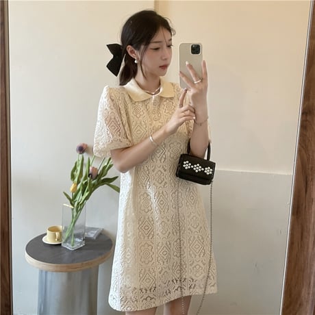 ポロワンピース レース かぎ針風透かし編み ポロカラー 襟付き ミニワンピース 半袖 ルーズウエスト レトロ 韓国ファッション レディース 大人可愛い ガーリー DTC-674345709797