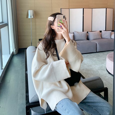 【選べる5カラー】セーター ボリューム袖 韓国ファッション レディース ニット ウール ラウンドネック シンプル ガーリー カジュアル (DTC-606691751341_02)