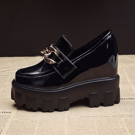 厚底 ローファー 22.0～24.5cm チェーンデザイン インヒール パテントレザー 歩きやすい ホワイト ブラック 靴 厚底シューズ ガーリー DTC-653680025155