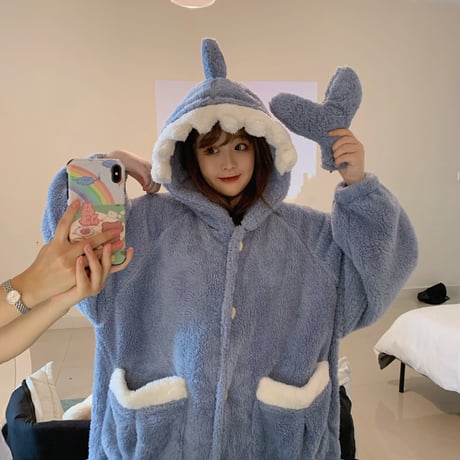 ナイトガウン ルームウェア パジャマ シャーク サメ フード付き もこもこ ボア 部屋着 寝間着 韓国ファッション レディース 大人可愛い ガーリー DTC-656222082108