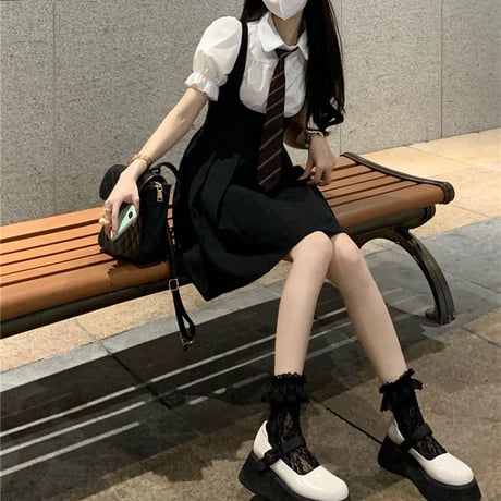 セットアップ 3点セット ネクタイ付き ブラウス ジャンパースカート パフスリーブ プリーツ サスペンダースカート ハイウエスト 半袖 レトロ 大人可愛い ガーリー DTCA-899621714789
