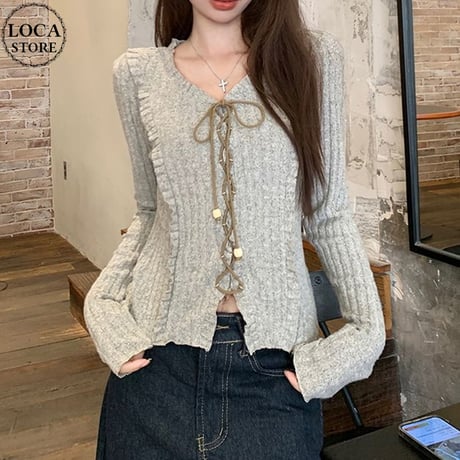 ニット トップス レースアップ Vネック スリムフィット 長袖 レトロ 韓国ファッション レディース 大人可愛い ガーリー DTCA-849831573602