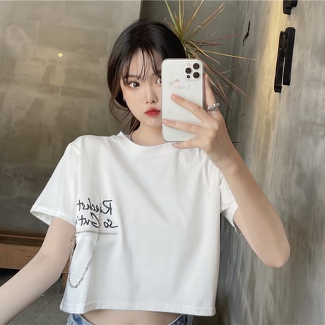 クロップド丈 Tシャツ チェーン ジッパー へそ出し 半袖 ラウンドネック ルーズ 韓国ファッション レディース ショート丈 トップス 夏 大人可愛い ガーリー DTC-641446433745