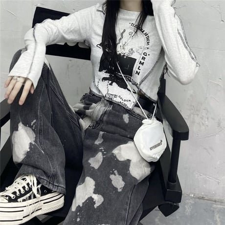 ロンT アシンメトリー ショート丈 スリムフィット 不規則デザイン アシメ tシャツ トップス 長袖 レトロ 大人可愛い ガーリー サブカル系 カジュアル DTCA-655976986014