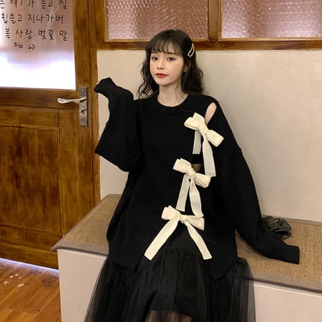 ニット セーター リボン ルーズ 長袖 韓国ファッション レディース 韓国ファッション レディース トップス ラウンドネック ゆったり 大人可愛い ガーリー DTC-627735524070