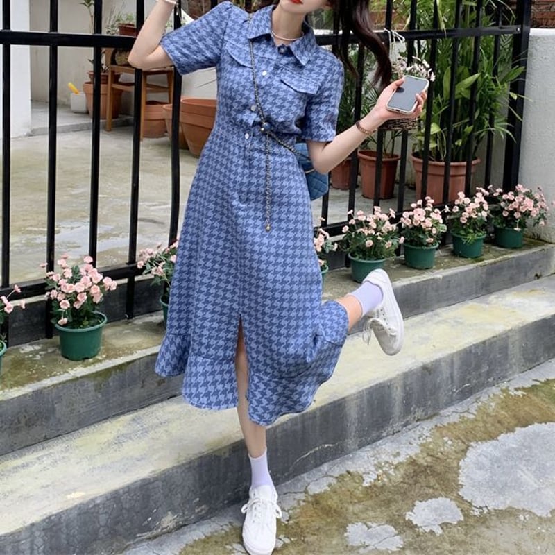 千鳥柄 デニムワンピース フィッシュテール チェック柄 ハイウエスト