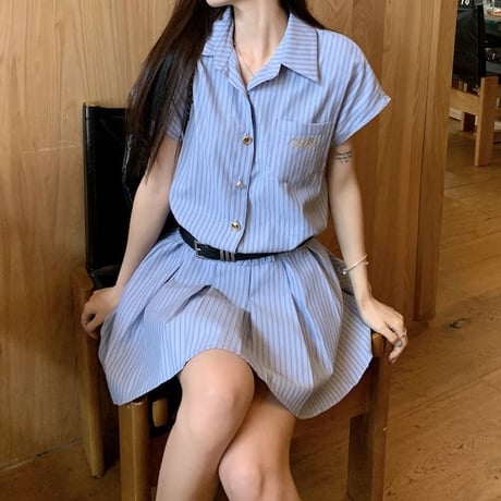 ストライプ柄 シャツワンピース 半袖 プリーツ ショート丈 ミニワンピース Aライン ワンピース レトロ 大人可愛い ガーリー 韓国ファッション レディース DTC-793096900642
