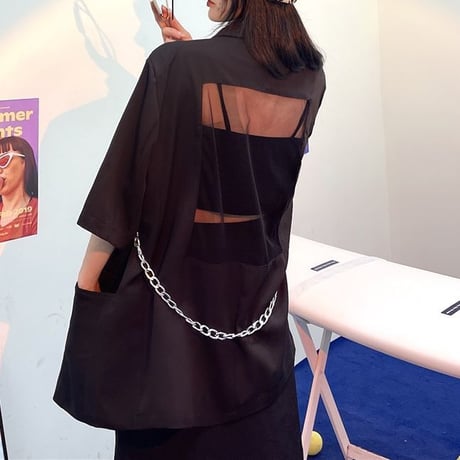 バックシースルー ジャケット チェーン オーバーサイズ 半袖 テーラードジャケット ライトアウター レトロ 韓国ファッション レディース 大人可愛い ガーリー DTC-646651569287