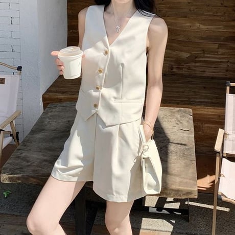 セットアップ 上下セット ベスト ショートパンツ タック入り Vネック ノースリーブ ハイウエスト レトロ 韓国ファッション レディース 大人可愛い ガーリー DTC-803889948127