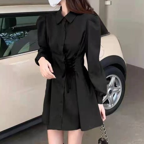 シャツワンピース レースアップ ハイウエスト 編み上げ ポロカラー ハイウエスト 長袖 レトロ 韓国ファッション レディース 大人可愛い ガーリー フェミニン DTC-666508142667