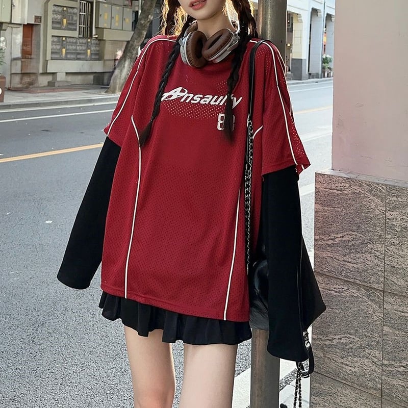 フェイクレイヤード Tシャツ 重ね着 ナンバー ロンT オーバーサイズ