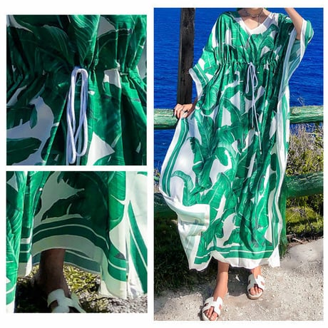 レディース Ｖネック リーフ柄 ポンチョスタイルワンピース リゾートワンピ ゆったりシルエット ウエストリボン (DCT-591941555108)