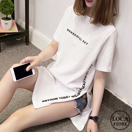 レディース サイドスリット ロングTシャツ ラウンドネック ゆったり Tシャツ レタリングプリント ストリート系 韓国ファッション (DCT-565267874379)
