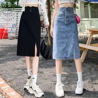 デニムスカート スリット 薄手 膝丈 ハイウエスト Aライン タイトスカート スカート レトロ 大人可愛い ガーリー カジュアル DTCA-725646006471