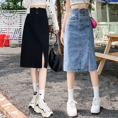 デニムスカート スリット 薄手 膝丈 ハイウエスト Aライン タイトスカート スカート レトロ 大人可愛い ガーリー カジュアル DTCA-725646006471