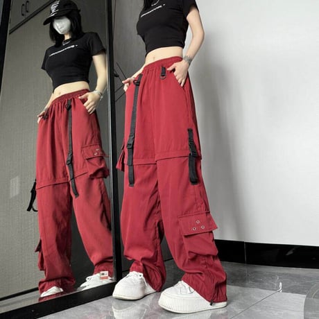 2WAY カーゴパンツ ワイドパンツ バックルベルト ストラップ ミリタリーパンツ アシンメトリー ウエストゴム 韓国ファッション レディース カジュアル DTC-656242658198_2