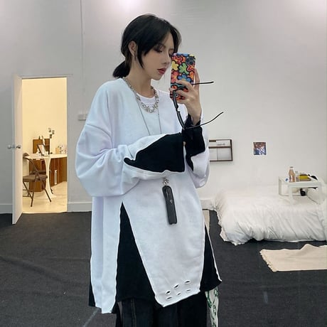 ユニセックス 長袖 Tシャツ メンズ レディース レイヤード風 裾ダメージ加工 ラウンドネック オーバーサイズ 大きいサイズ ストリート TBN-625479955275