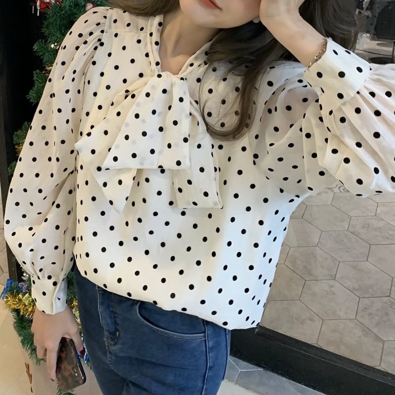 レトロ ブラウス リボンタイ ドット 水玉柄 古着 80S 可愛い くすみピンク レトロ ブラウス リボンタイ ドット 水玉柄 古着 80S 可愛い