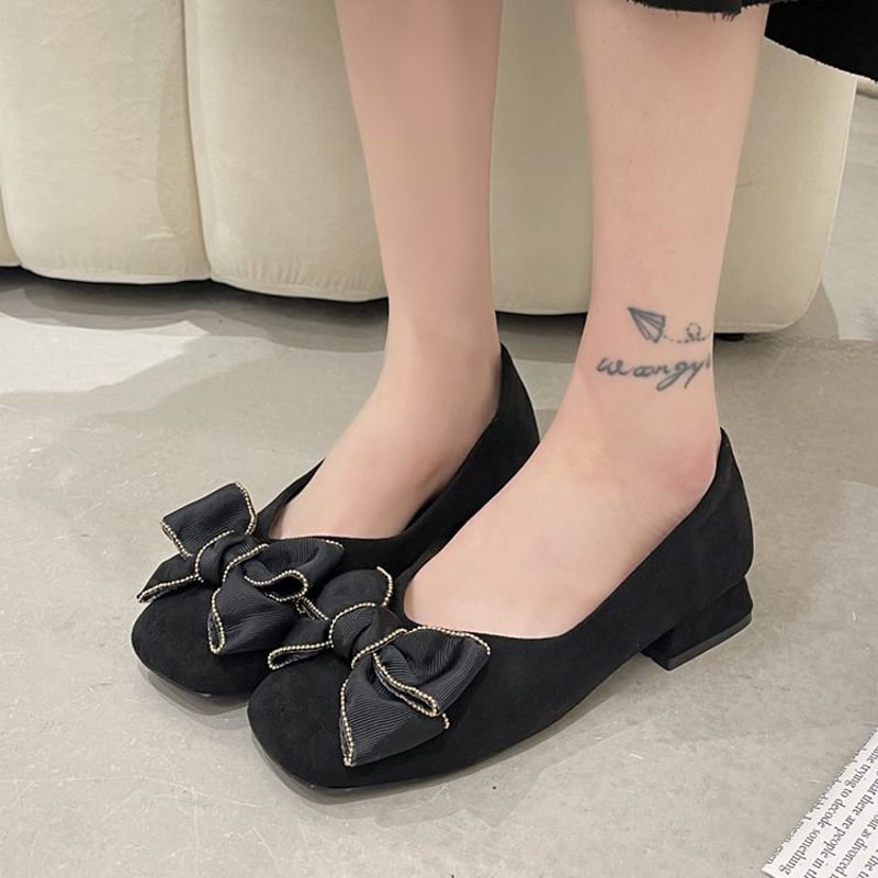 パンプス リボン 22.5～24.5cm ローヒール 無地 千鳥格子