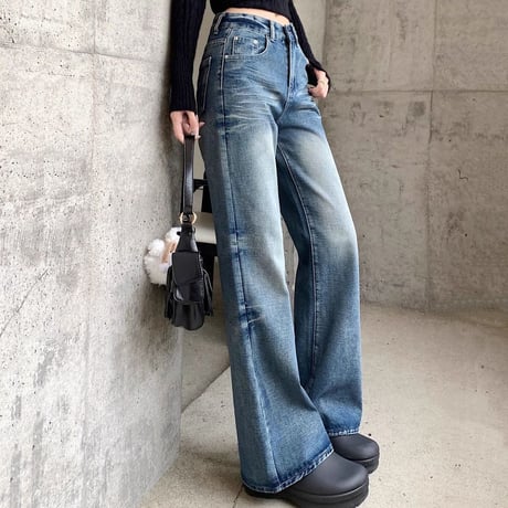 デニムパンツ ブラスト加工 スリム Gパン デニム ドレープ ボトムス ハイウエスト ルーズ パンツ ズボン レトロ 大人可愛い ガーリー カジュアル DTCA-863235522285