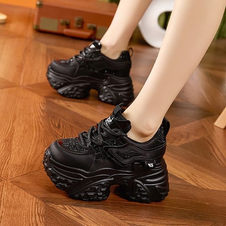 厚底ダッドスニーカー 22.0～24.5cm グリッター ラインストーン スパンコール シューレース スニーカー 美脚効果 カジュアル 韓国ファッション レディース DTCA-823438090641