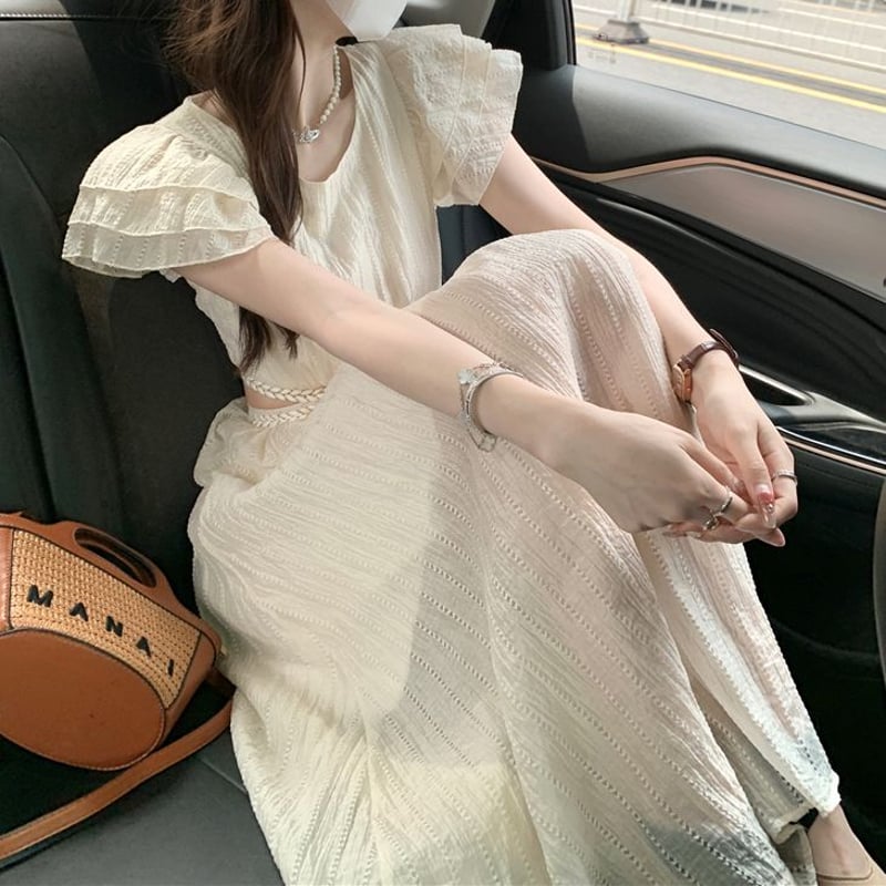 背中開き ワンピース バックオープン フライングスリーブ ロング丈  