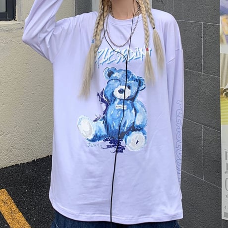 ユニセックス Tシャツ 長袖 プルオーバー くまちゃん ベアー 袖プリント オーバーサイズ レトロ 韓国ファッション メンズ レディース カジュアル ストリート系 DTC-625051222286
