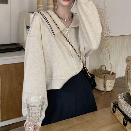 ショートジャケット セーラー襟 配色ライン スウェット ルーズ レトロ 韓国ファッション レディース 大人可愛い ガーリー カジュアル DTC-683356752663