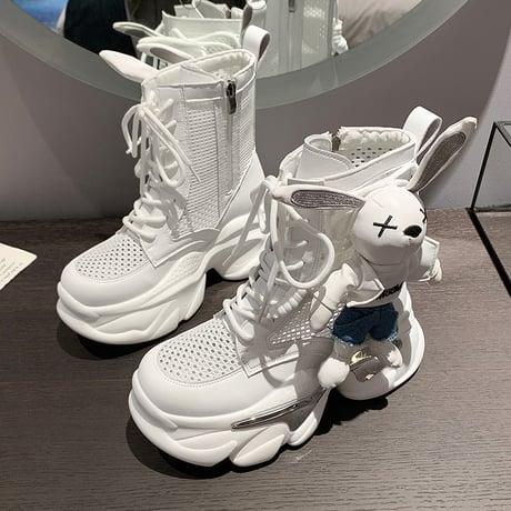 厚底 ショートブーツ 22.0～24.5cm メッシュ ぬいぐるみ付き サイドジップ レースアップ カジュアル 韓国ファッション レディース 歩きやすい おしゃれ DTC-698506329895