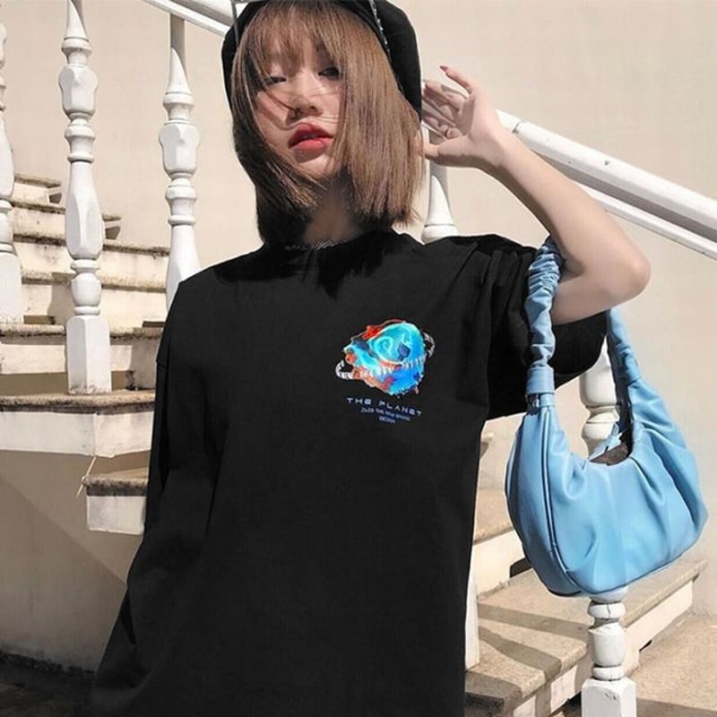 ユニセックス Tシャツ プラネット 惑星 プリント 半袖 オーバーサイズ