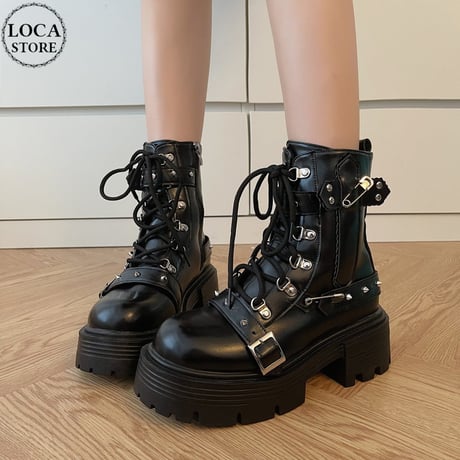 厚底 ショートブーツ 22.5～25.0cm 厚底ブーツ レースアップ 安全ピン スタッズ ベルト プラットフォーム サイドジップ パンク風 ゴシック風 DTCA-816654857736