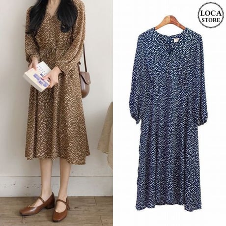レディース ロングワンピース 長袖 ドット柄 レトロ風 フェミニン Vネック 韓国ファッション オルチャン (DCT-577551628325)
