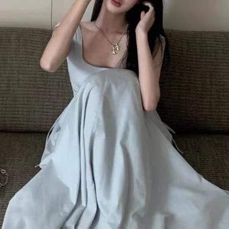 ワンピース サイドリボン フレア プリーツ Aライン ハイウエスト ノースリーブ ロングワンピース スリム レトロ 大人可愛い ガーリー DTCA-709334685571