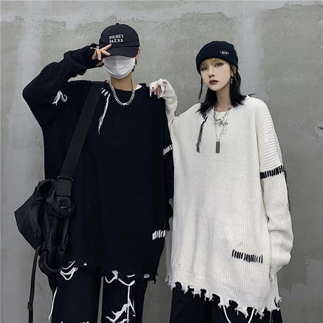 ユニセックス ダメージ加工 ニット ドロップショルダー セーター オーバーサイズ 韓国ファッション メンズ レディース ビター系 ストリート系ファッション DTC-630242686847