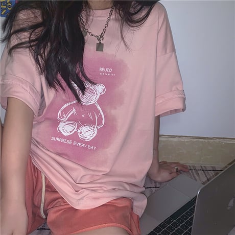 Tシャツ 半袖 クマちゃん ベアー プリント ラウンドネック オーバーサイズ 韓国ファッション レディース 大きめ ガーリー カジュアル ストリートファッション DTC-646471922876