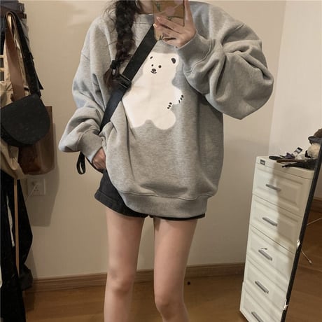 トレーナー プラスベルベット しろくま ベアー オーバーサイズ 厚手 トップス ルーズ レトロ 韓国ファッション レディース 大人可愛い ガーリー カジュアル DTC-688581405788