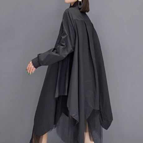 ロングシャツ シャツワンピース チュール シャツ ワンピース アシンメトリー ルーズ 長袖 レトロ 韓国ファッション レディース 大人可愛い ガーリー DTC-653970172988