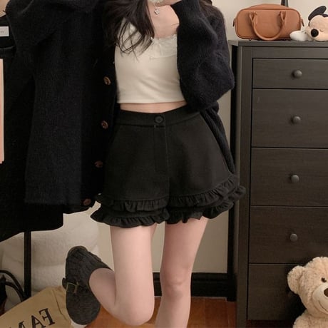 フリル ショートパンツ フェイクウール ハイウエスト スリム Aライン ショートボトム 秋 冬 レトロ 韓国ファッション レディース 大人可愛い ガーリー DTCA-873635337938