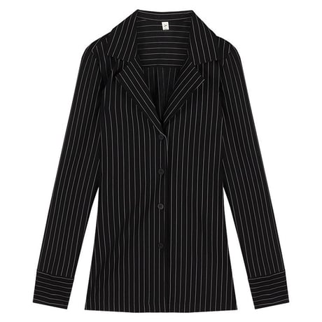 ストライプ柄 シャツ Vネック ブラウス トップス ウエストシェイプ シンプル 前開き ボタン スリムフィット 長袖 レトロ 大人可愛い ガーリー DTCA-758534668604