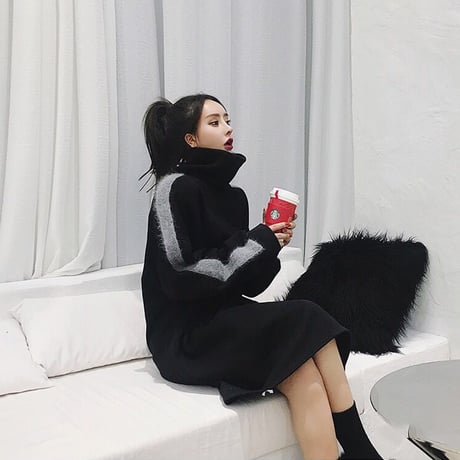 ワンピース ハイネック 袖ライン 韓国ファッション レディース ミモレ丈 ゆったり ハイウエスト 大きいサイズ 厚い フレア DTC-602899975756