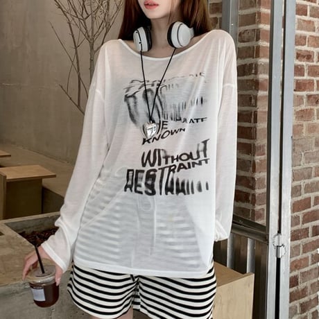 シアー Tシャツ 薄手 オフショルダー ルーズ 長袖 レトロ 韓国ファッション レディース 大人可愛い ガーリー DTC-722568696207