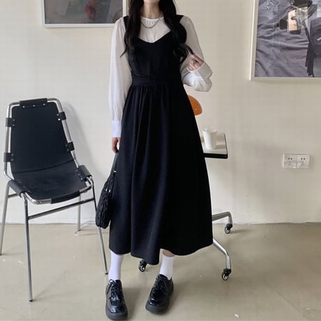 2点セット ブラウス Tシャツ ジャンパースカート ジャンスカ ハイウエスト 長袖 ルーズ セットアップ レトロ 韓国ファッション レディース 大人可愛い ガーリー DTC-662337447667