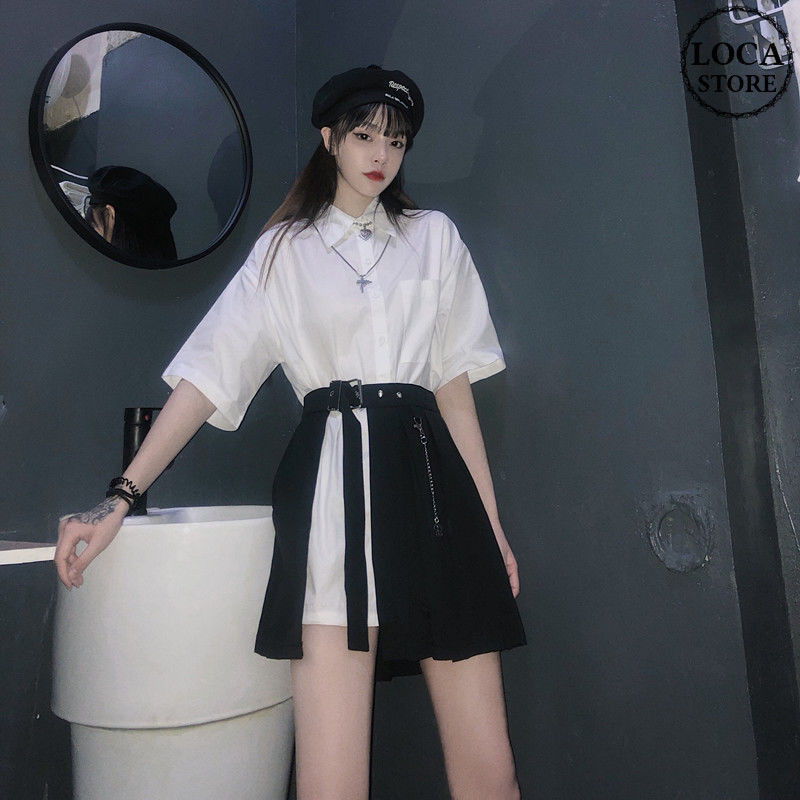 セットアップ ロングシャツ プリーツスカート 半袖 ハイウエスト 2点  